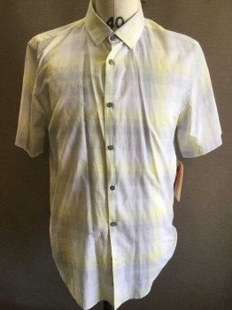 ALFANI, Lt Gray, Gray, Lt Yellow, Cotton, Plaid, Collar Attached, Button Front, Short Sleeve,