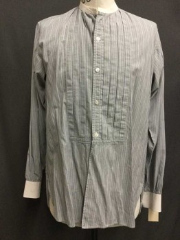 N/L, Black, White, Gray, Cotton, Stripes, Button Front, Pleated Bib Front, White Collar Band and Trim, Long Sleeves,