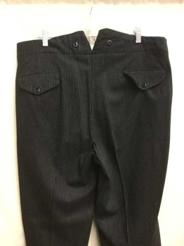 NO LABEL, Charcoal Gray, Lt Gray, Wool, Stripes - Pin, Flat Front, Button Fly, Suspender Buttons, Side Pockets, Back Pockets with Button Down Flaps, Unfinished Hem,