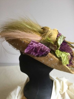 N/L, Tan Brown, Chartreuse Green, Lavender Purple, Lime Green, Lt Brown, Straw, Feathers, Solid, Tan Straw, Exotic Chartreuse, Light Pink Feathers, Purple and Lime Velvet Leaves, Faux Taxidermy Birds with Wrapped In Chartreuse Feathers with Bead Eyes, Light Brown Netting with Burnout Velvet Ovals, Curled Brim, Made To Order,