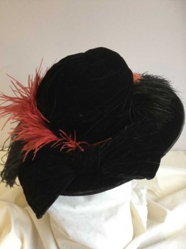 N/L, Black, Synthetic, Feathers, Solid, Black Velvet W/self Big Bow, Black, Red and Peach Ostrich Feather On Top, Cream Lining Inside,