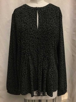 ANN TAYLOR, Navy Blue, Olive Green, Polyester, Novelty Pattern, Black/olive Novelty Print, Accordion Pleated Front, Key Hole Neck, Long Sleeves,