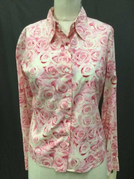 AGNIS, Off White, Pink, Cotton, Floral, W/multi Pink Cluster Large Roses Print, Collar Attached, Button Front, Long Sleeves,