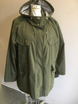 LANE BRYANT, Olive Green, Cotton, Nylon, Solid, Zip and Snap Front, Hooded, 4 Pockets, Heathered Gray Lining at Hood/Shoulders, Below Hip Length