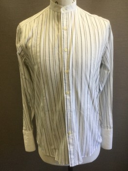 PRES DU CORPS, White, Black, Cotton, Stripes - Pin, Stripes - Vertical , White with Solid and Dashed Black Pin Stripes/Stripes of Assorted Widths, Long Sleeve Button Front, Solid White Band Collar and French Cuffs,  Made To Order Reproduction