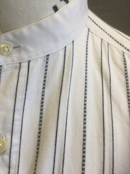 PRES DU CORPS, White, Black, Cotton, Stripes - Pin, Stripes - Vertical , White with Solid and Dashed Black Pin Stripes/Stripes of Assorted Widths, Long Sleeve Button Front, Solid White Band Collar and French Cuffs,  Made To Order Reproduction