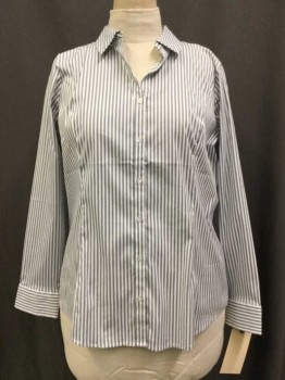 Womens, Blouse, EXPRESS, White, Gray, Cotton, Synthetic, Stripes, XL, White/gray Stripes, Button Front, Collar Attached, Long Sleeves,