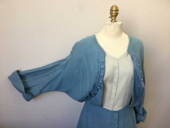 MTO, Lt Blue, Bone White, Linen, Rayon, Solid, Upper Class Walking Dress. Poiret Style Hobble. Light Blue Linen Blend with Bone Center Panel Wit Hook & Eye Closure with Faux Tiny Buttons. Cuffed Batwing Sleeves, Light Blue Covered Buttons on Faux Bolero and Skirt Center Front. Two Tier Hobble Skirt, Floor Length,