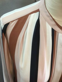 ANN TAYLOR, White, Blush Pink, Navy Blue, Brown, Polyester, Stripes, Button Front, Long Sleeves, Band Collar, Pleated at Shoulders, Pleated at Back Yoke