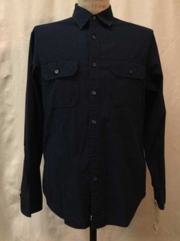 JCREW, Navy Blue, Cotton, Heathered, Heather Navy, Button Front, Collar Attached, Long Sleeves, 2 Flap Pockets