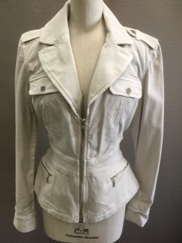 Womens, Casual Jacket, WHT HOUSE BLK MKT, Khaki Brown, Cotton, Rayon, Solid, 6, Light Khaki, Zip Front, Notched Lapel, Epaulettes at Shoulders, 4 Pockets, Fitted, No Lining