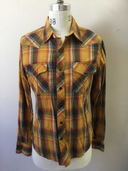 SALT, Turmeric Yellow, Red, Black, Cotton, Plaid, Snap Front, Collar Attached, Long Sleeves, Snap Flap Pockets, Western Yoke