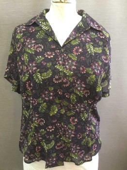 SAG HARBOR WOMAN, Dk Purple, Lime Green, Pink, Green, Black, Polyester, Floral, Leaf, Dark Purple with Pink/Purple/Lime/Green/Black Floral Pattern Chiffon, Short Sleeve Button Front, Collar Attached