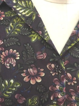 SAG HARBOR WOMAN, Dk Purple, Lime Green, Pink, Green, Black, Polyester, Floral, Leaf, Dark Purple with Pink/Purple/Lime/Green/Black Floral Pattern Chiffon, Short Sleeve Button Front, Collar Attached