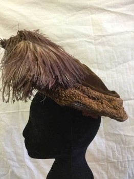 N/L, Brown, Rust Orange, Rose Pink, Cream, Dusty Purple, Rayon, Feathers, Solid, Brown Panne Velvet, Rust Chenille Ribbon, Rose Smocked Base, Marcasite Brooch Attached, Large Feather Plume Wraps From Side to Side,