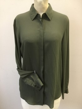 ASOS, Olive Green, Polyester, Solid, Olive, Collar Attached, Hidden Button Front, Long Sleeves,