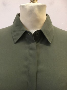 ASOS, Olive Green, Polyester, Solid, Olive, Collar Attached, Hidden Button Front, Long Sleeves,