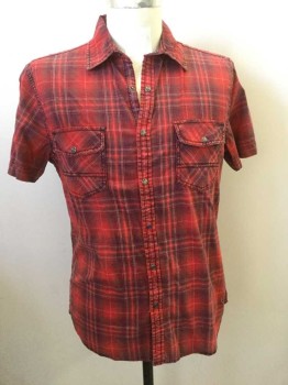 DECREE, Red, Wine Red, Salmon Pink, Cotton, Plaid, Short Sleeves, Snap Front, 2 Flap Snap Pockets