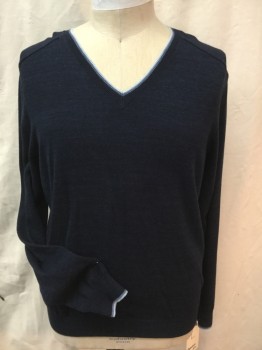Mens, Pullover Sweater, BANANA REPUBLIC, Navy Blue, Baby Blue, Gray, Wool, Acrylic, Heathered, L, Heather Navy with Baby Blue & Gray Trim V-neck, Ls