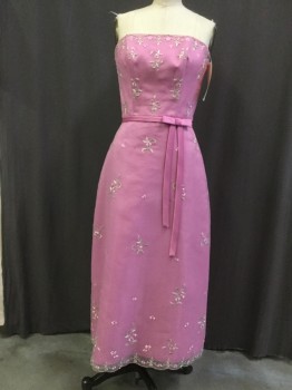 Womens, Cocktail Dress, RAYLIA, Magenta Purple, Green, White, Polyester, Organza/Organdy, Floral, 8, Magenta Purple, Sheer Light Organza with Green/white/magenta Floral Embroidery Detail. Green Scallopped Embroidery Trim with Bead & Sequin, Self Bow, Strapless, Zip Back