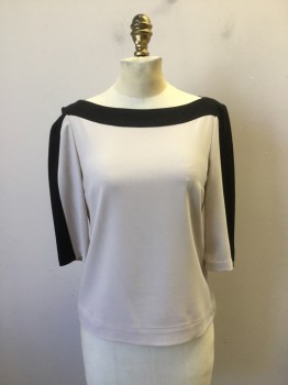 H & M, Beige, Black, Polyester, Viscose, Solid, Fitted Top, 3/4 Sleeves, Boat Neck. Pinky Beige Top with Black Trim at Neckline and Sleelve Upper.
