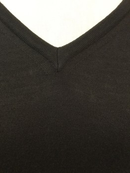 Mens, Pullover Sweater, MARCO FIORI, Brown, Wool, Solid, XL, Dark Brown Flat Knit, V-neck, Raglan Long Sleeves,