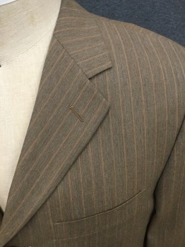 Mens, Suit, Jacket, ZILLIONI, Brown, Red-Orange, Wool, Stripes - Vertical , 42R, Single Breasted, 3 Buttons,  Collar Attached, Notched Lapel, 3 Pockets