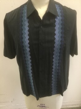 NAT NAST, Black, Blue, Lt Blue, Navy Blue, Silk, Zig-Zag , Solid, Black with Shades of Blue Zig Zag Columns at Either Side of Front, Short Sleeve Button Front, Collar Attached, Retro Bowling-Shirt Inspired
