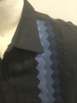 NAT NAST, Black, Blue, Lt Blue, Navy Blue, Silk, Zig-Zag , Solid, Black with Shades of Blue Zig Zag Columns at Either Side of Front, Short Sleeve Button Front, Collar Attached, Retro Bowling-Shirt Inspired