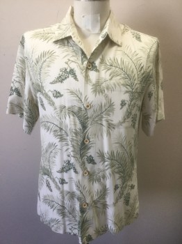 TOMMY BAHAMA, Ecru, Sage Green, Green, Silk, Leaves/Vines , Tropical , Short Sleeve Button Front, Collar Attached, 1 Patch Pocket, Oversized, Vacation Dad Shirt