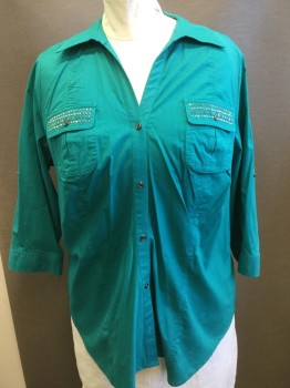 LANE BRYANT, Turquoise Blue, Cotton, Solid, Collar Attached, Button Front, V-neck, Pleated Pockets with Pocket Flap, Silver Studs on Flaps, 3/4 Sleeves