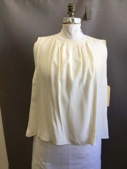 Womens, Shell, N/L, Cream, Silk, Solid, B 46, Pleated Crew Neck, Keyhole Back with Button
