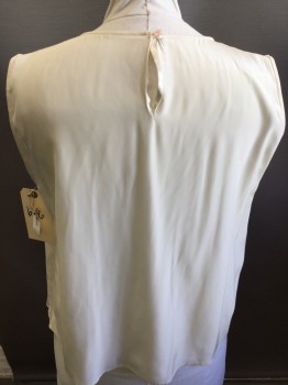 Womens, Shell, N/L, Cream, Silk, Solid, B 46, Pleated Crew Neck, Keyhole Back with Button