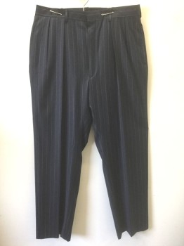 POLO RALPH LAUREN, Navy Blue, Lt Gray, Wool, Stripes - Pin, Navy with Light Gray Pinstripes, Double Pleated, Zip Fly, 4 Pockets, Relaxed Leg, 90's/00's