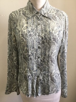 JONES NEW YORK, Ecru, Gray, Dk Gray, French Blue, Cream, Silk, Paisley/Swirls, Chiffon, Long Sleeve Button Front, Collar Attached, Pleated Detail at Front Button Placket