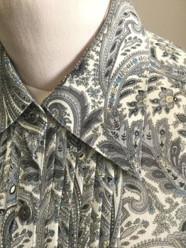 JONES NEW YORK, Ecru, Gray, Dk Gray, French Blue, Cream, Silk, Paisley/Swirls, Chiffon, Long Sleeve Button Front, Collar Attached, Pleated Detail at Front Button Placket