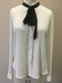 FOREVER 21, White, Black, Polyester, Solid, White Crepe with Black 1" Wide Trim at Neck with Self Ties, Long Sleeves, Button Front, Stand Collar with Ruffles