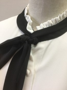 FOREVER 21, White, Black, Polyester, Solid, White Crepe with Black 1" Wide Trim at Neck with Self Ties, Long Sleeves, Button Front, Stand Collar with Ruffles