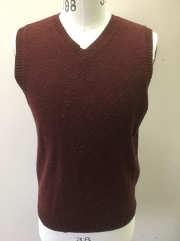 Mens, Sweater Vest, CLUB ROOM, Red Burgundy, Multi-color, Wool, Solid, Speckled, S, Burgundy with Multicolor Flecks Throughout, Knit, Pullover, V-neck