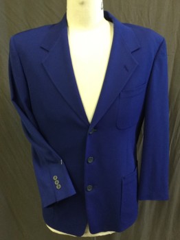 PIERRE CARDIN, Royal Blue, Black, Polyester, Cotton, Solid, Royal Blue, Black Lining, Notched Lapel, Single Breasted, 3 Button Front, 3 Pockets, Long Sleeves,
