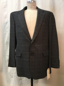NORDSTROM, Heather Gray, Blue, Wool, Heathered, Plaid, Heather Gray, Blue & Gray Plaid, Notched Lapel, Collar Attached, 2 Buttons,  3 Pockets,