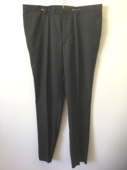 CARLO RUSSO, Black, Polyester, Rayon, Solid, Flat Front, Button Tab Waist, Zip Fly, 4 Pockets, Straight Leg