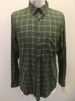 UNIQLO, Dk Olive Grn, Khaki Brown, Cotton, Grid , Button Down Collar, 1 Pocket, Button Front, Long Sleeves,