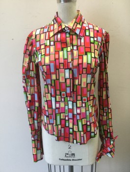 LING-SHAN LI, Multi-color, Red, Hot Pink, Black, Lime Green, Silk, Lycra, Geometric, Colorful Rectangles Pattern, Crepe, Long Sleeve Button Front, Collar Attached, Puffy Gathered Sleeves with Long Cuffs, Fitted