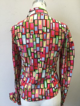LING-SHAN LI, Multi-color, Red, Hot Pink, Black, Lime Green, Silk, Lycra, Geometric, Colorful Rectangles Pattern, Crepe, Long Sleeve Button Front, Collar Attached, Puffy Gathered Sleeves with Long Cuffs, Fitted