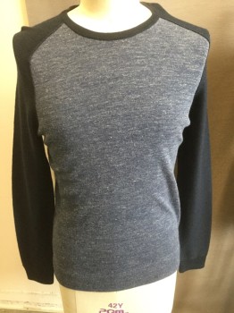 VINCE, Navy Blue, Blue, Wool, Solid, Heather Blue Body with Navy Shoulders/ Sleeves/ Crew Neck,