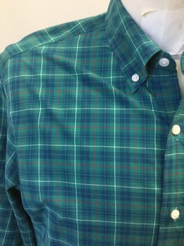 J. CREW, Green, Navy Blue, Red, White, Cotton, Elastane, Plaid, Grid , Button Front, Collar Attached, Button Down Collar, Long Sleeves, 1 Pocket