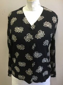 KASPER & COMPANY, Black, Rayon, Floral, White Lotus Flowers, V-neck, Button Front, Long Sleeves, Button Cuff (small Hole Right Shoulder)