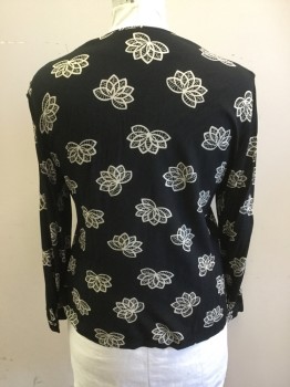 KASPER & COMPANY, Black, Rayon, Floral, White Lotus Flowers, V-neck, Button Front, Long Sleeves, Button Cuff (small Hole Right Shoulder)