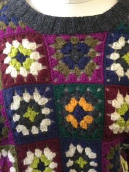 BRASS PLUM, Charcoal Gray, Olive Green, Fuchsia Pink, White, Navy Blue, Wool, Patchwork, Floral, Crew Neck, Knit Patchwork Floral Squares
